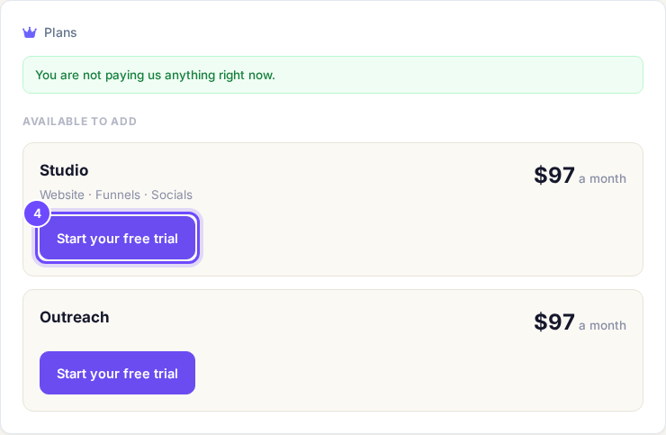 Studio and Outreach, each with Start your free trial.