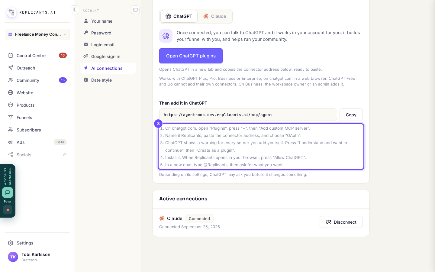 The same steps, on your AI connections page.