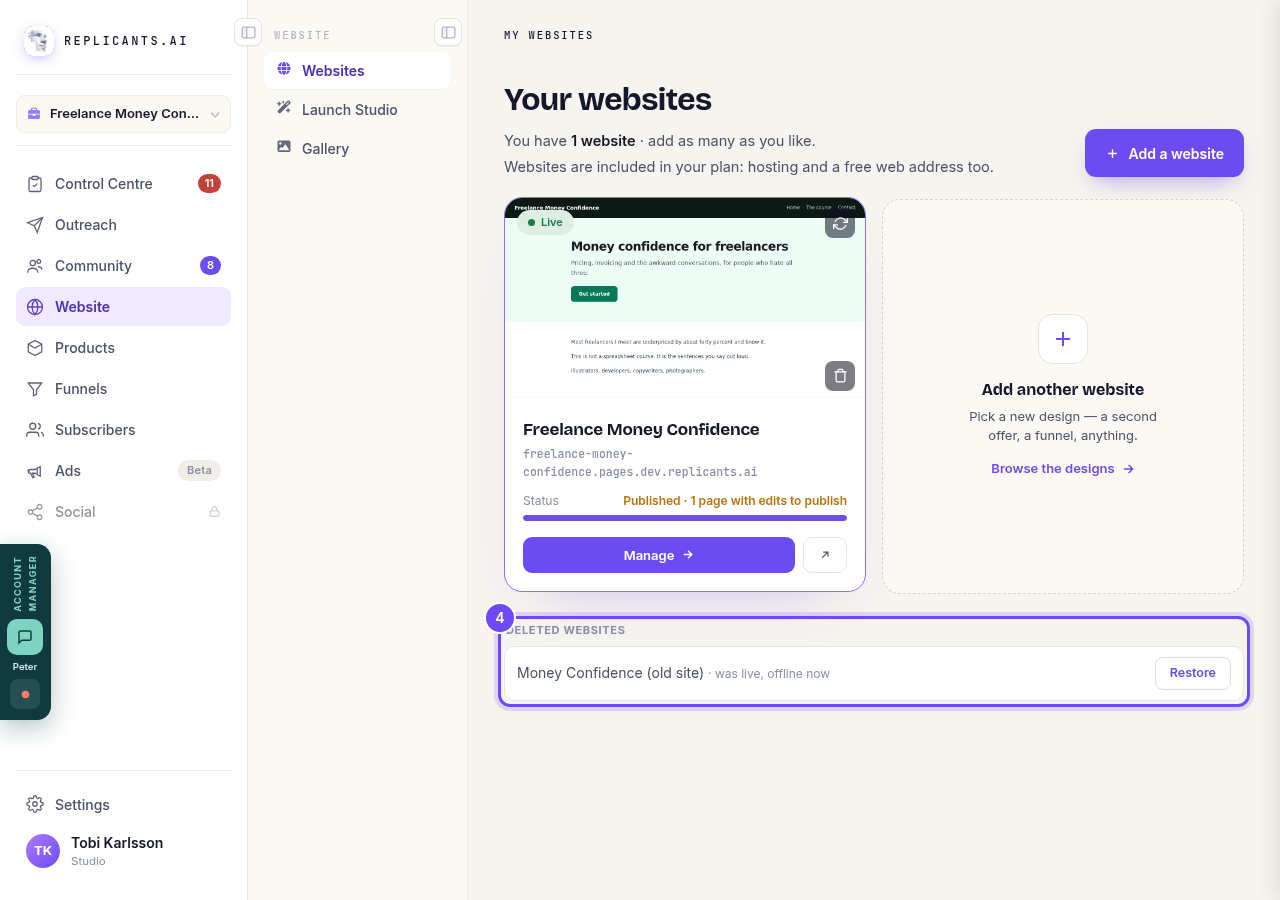 Deleted websites, at the bottom of the page.