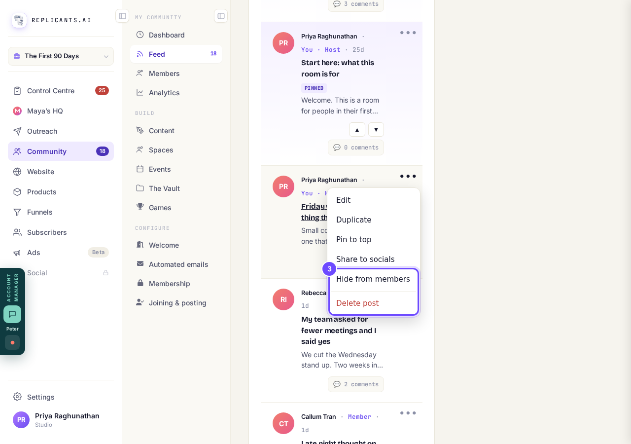 Hide from members, and Delete post in red.