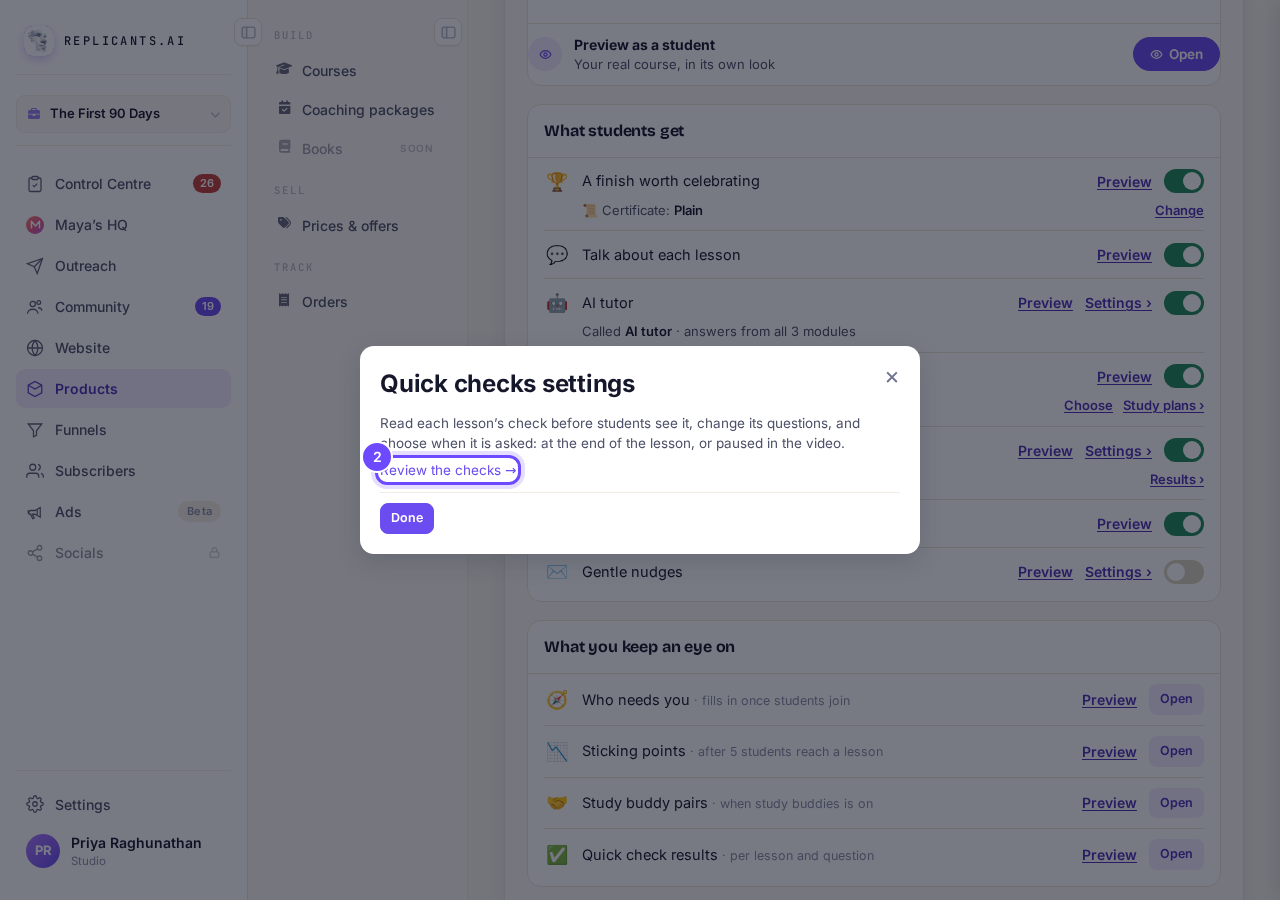 Quick checks settings, with Review the checks.