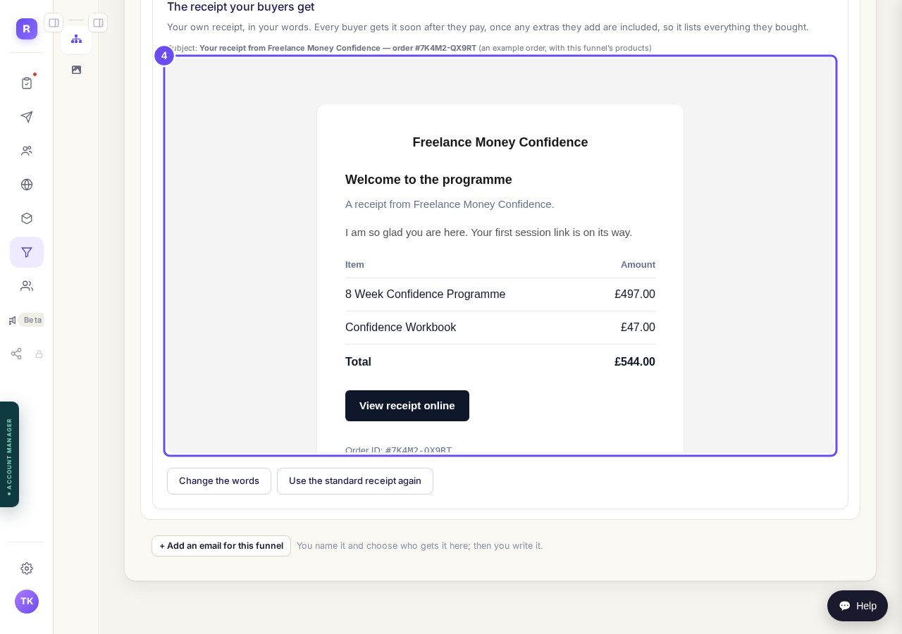 The receipt with your heading and message.