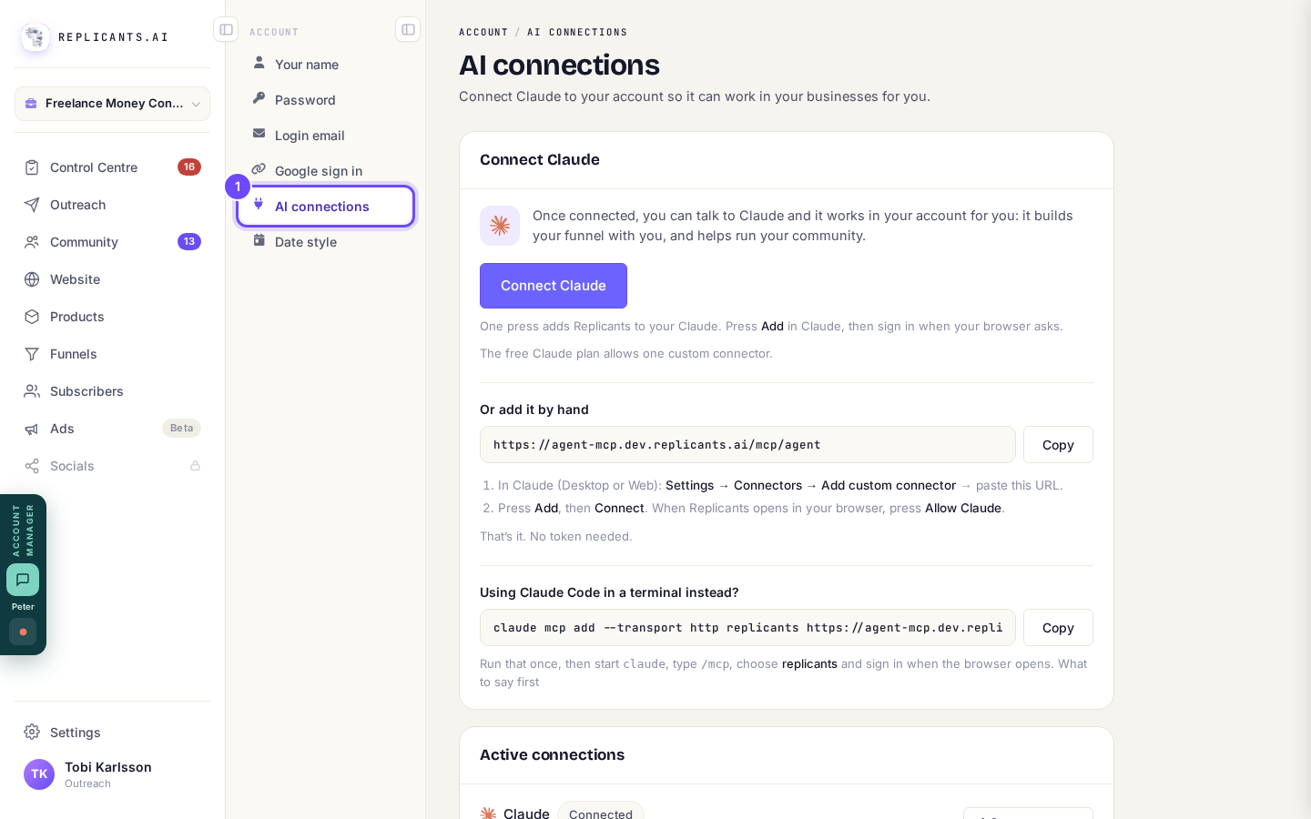 AI connections, under Account.