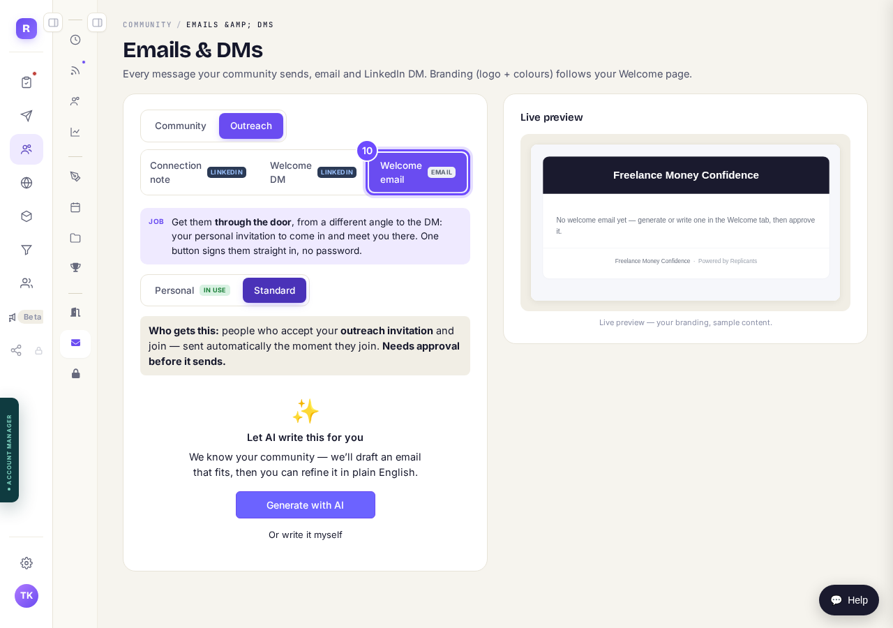 Welcome email, under Outreach in Emails & DMs.