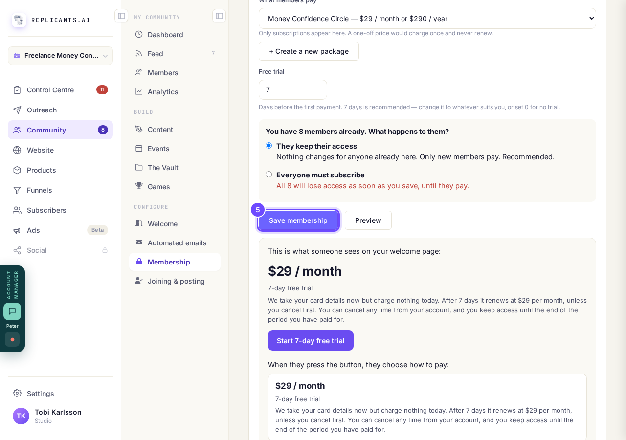 Save membership keeps it as a draft until you publish.