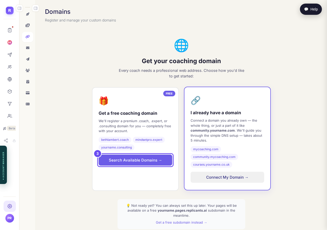 Two doors: register a free one, or connect one you already own.