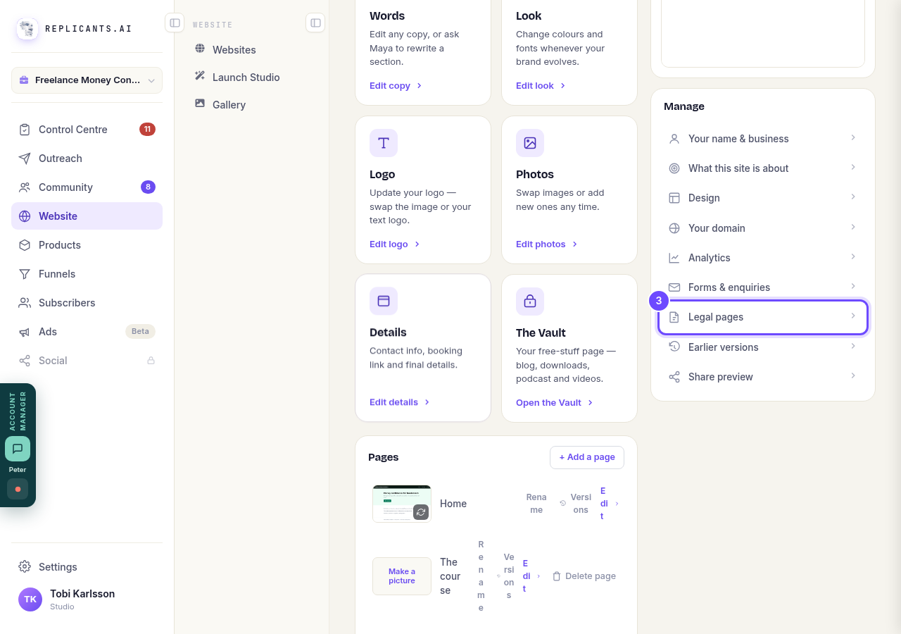 Legal pages, in the Manage list.