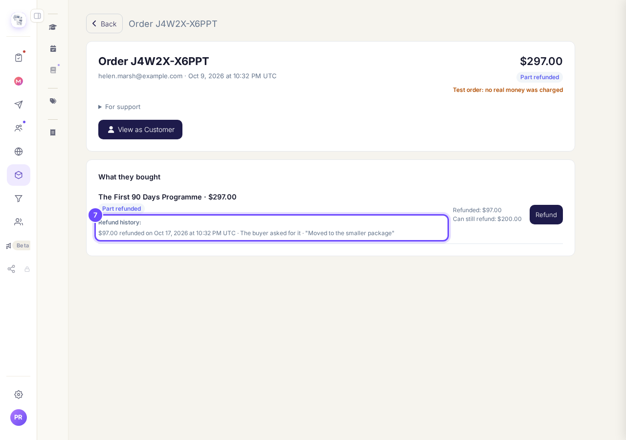 Refund history, on the order.