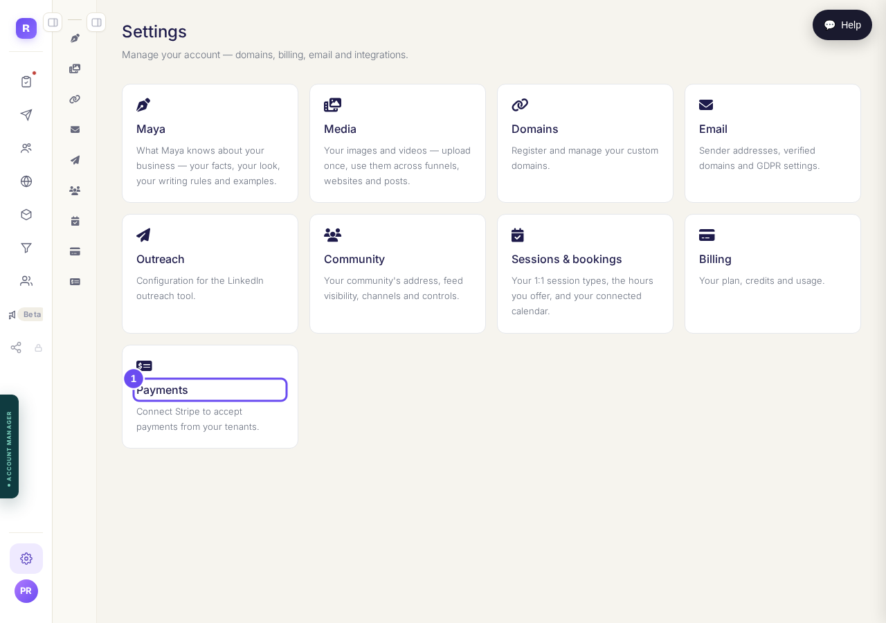 Settings opens cards. Payments is the one you want.