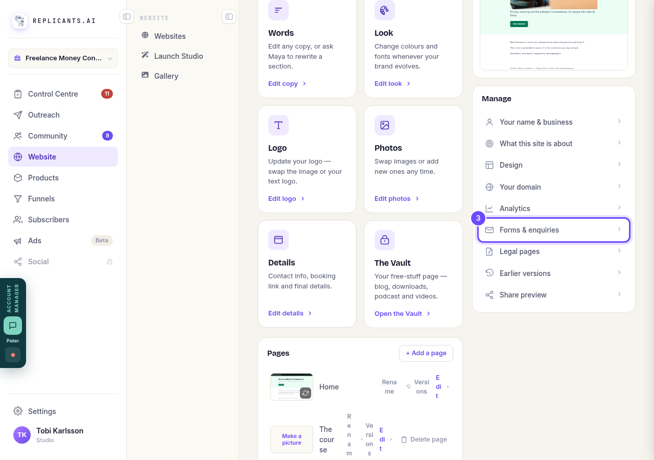 Forms & enquiries, in the Manage list.