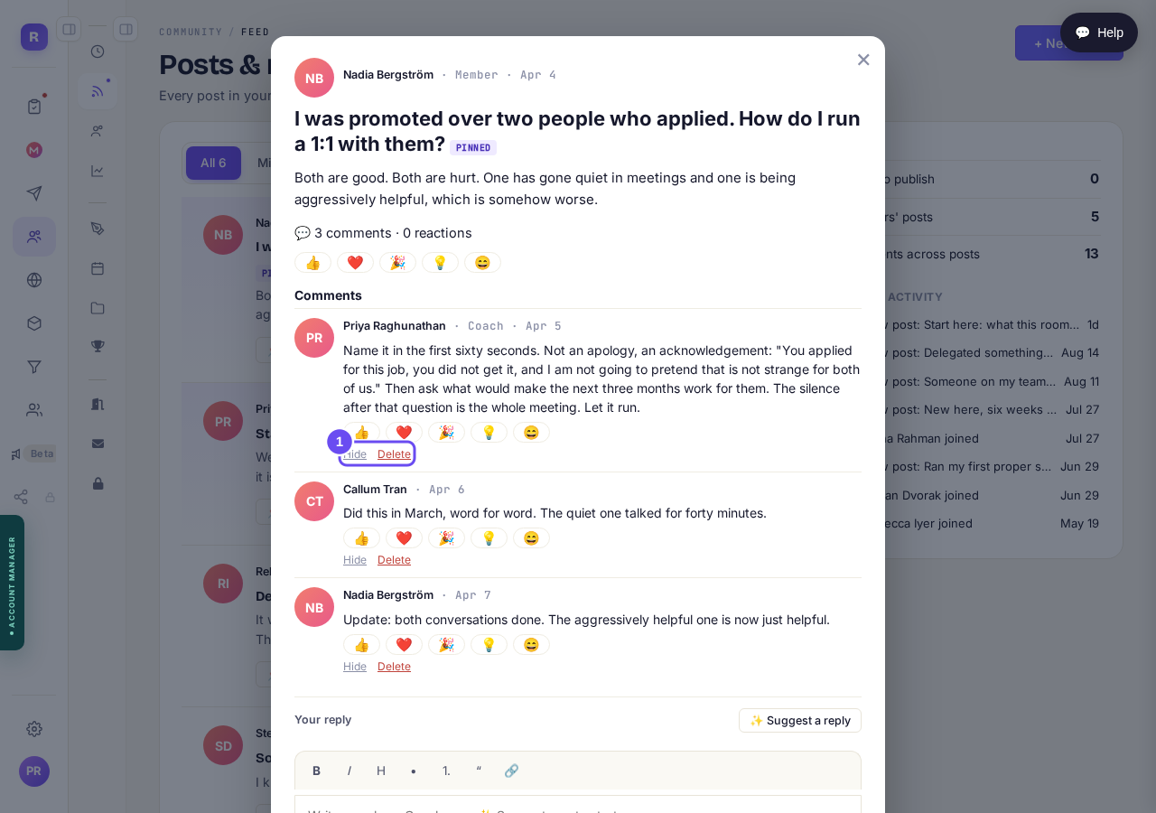 Hide and Delete under every comment, the coach's own included.