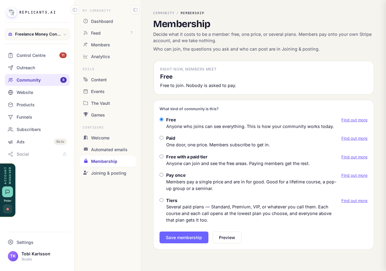 The Membership screen, showing what members meet today.