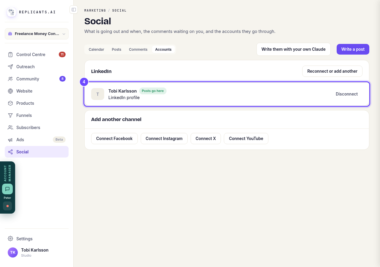 Look for your account under its network.