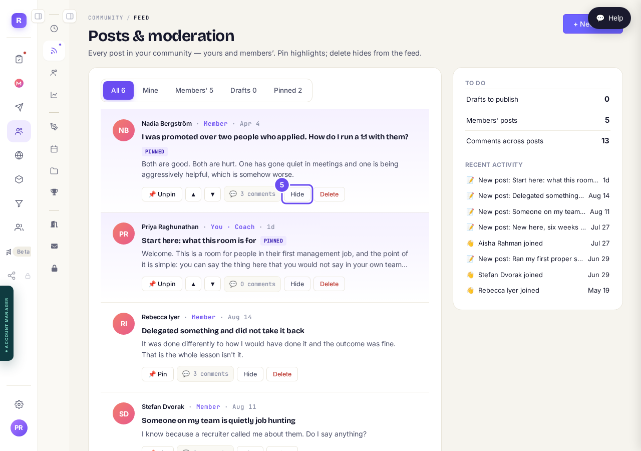 Posts & moderation: Pin, Hide and Delete on every row.