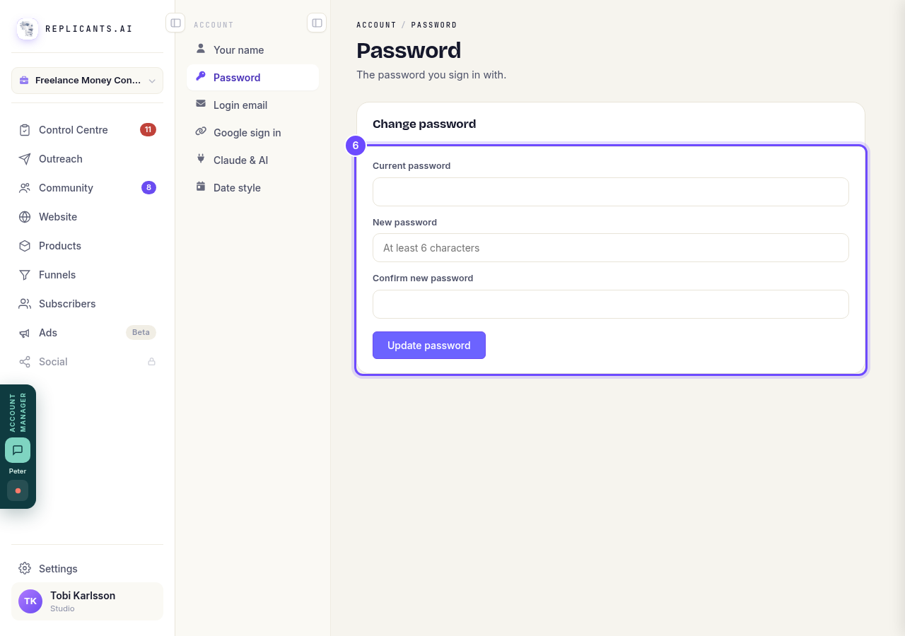Change password, and Update password.