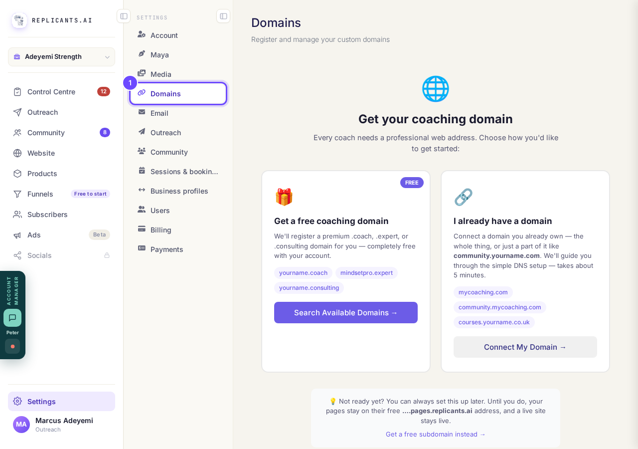 Domains, in Settings.