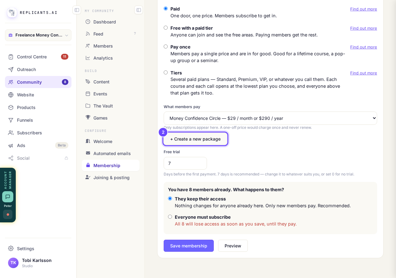 + Create a new package is under the price list.