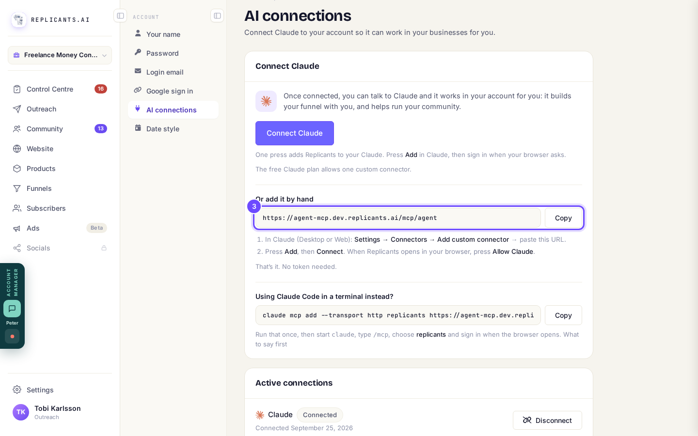 The connector address, with Copy.