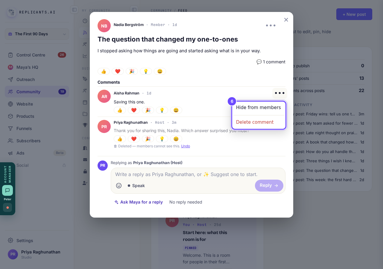 Hide from members, and Delete comment in red.