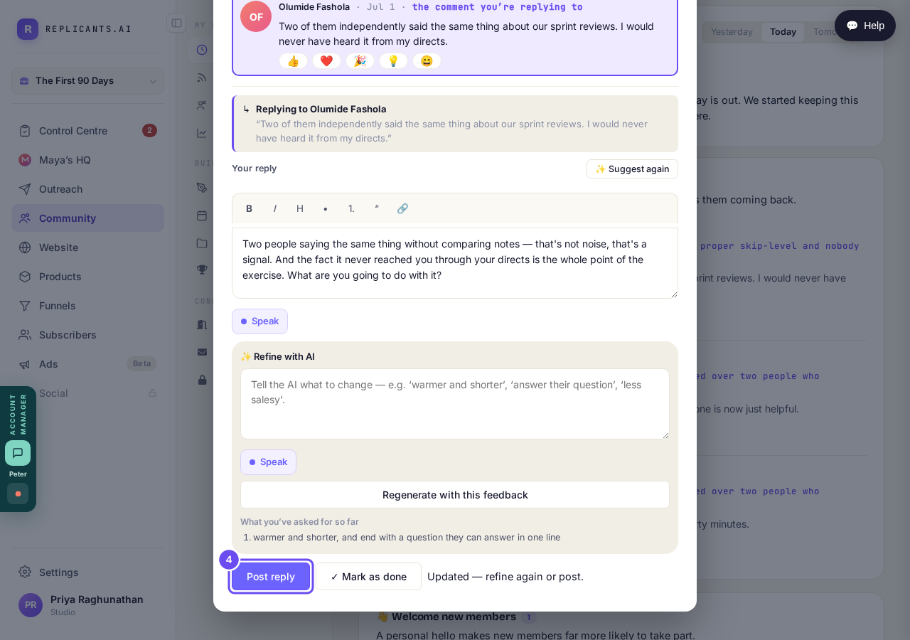 The same draft after one sentence of feedback: shorter, warmer, ending on a question.