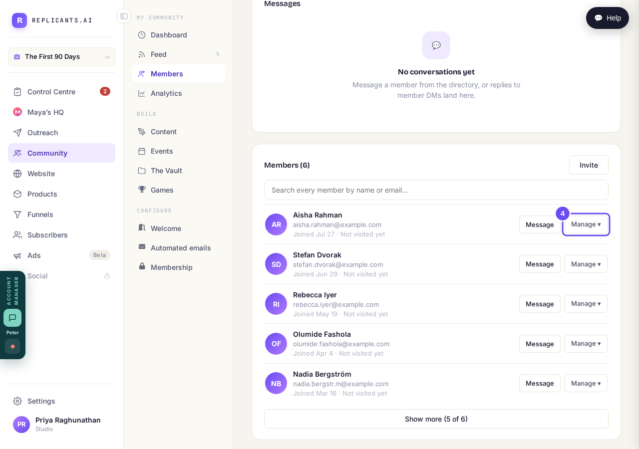 Message, and a Manage menu with Suspend and Remove.