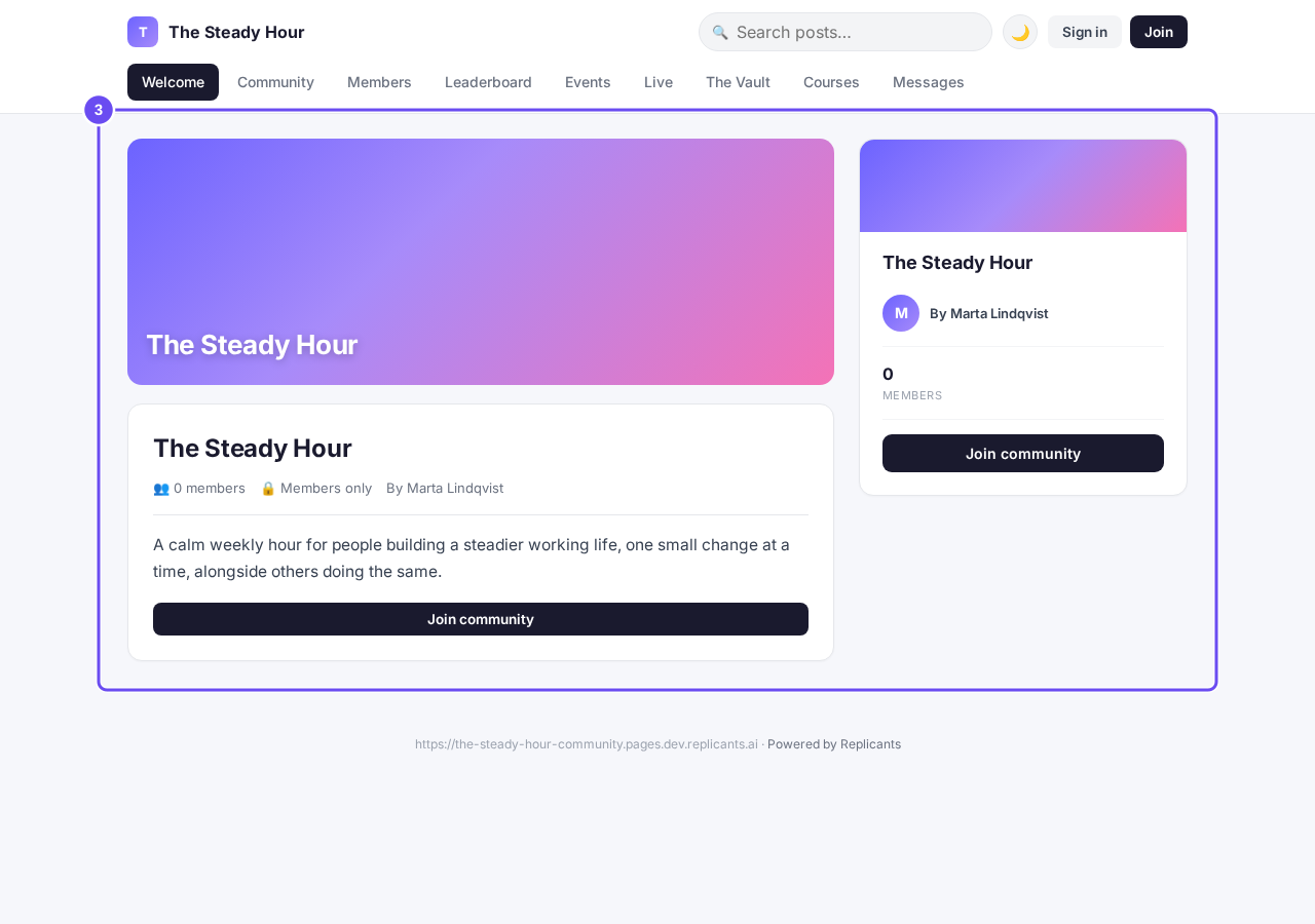 The page a visitor lands on: description, and Join community.