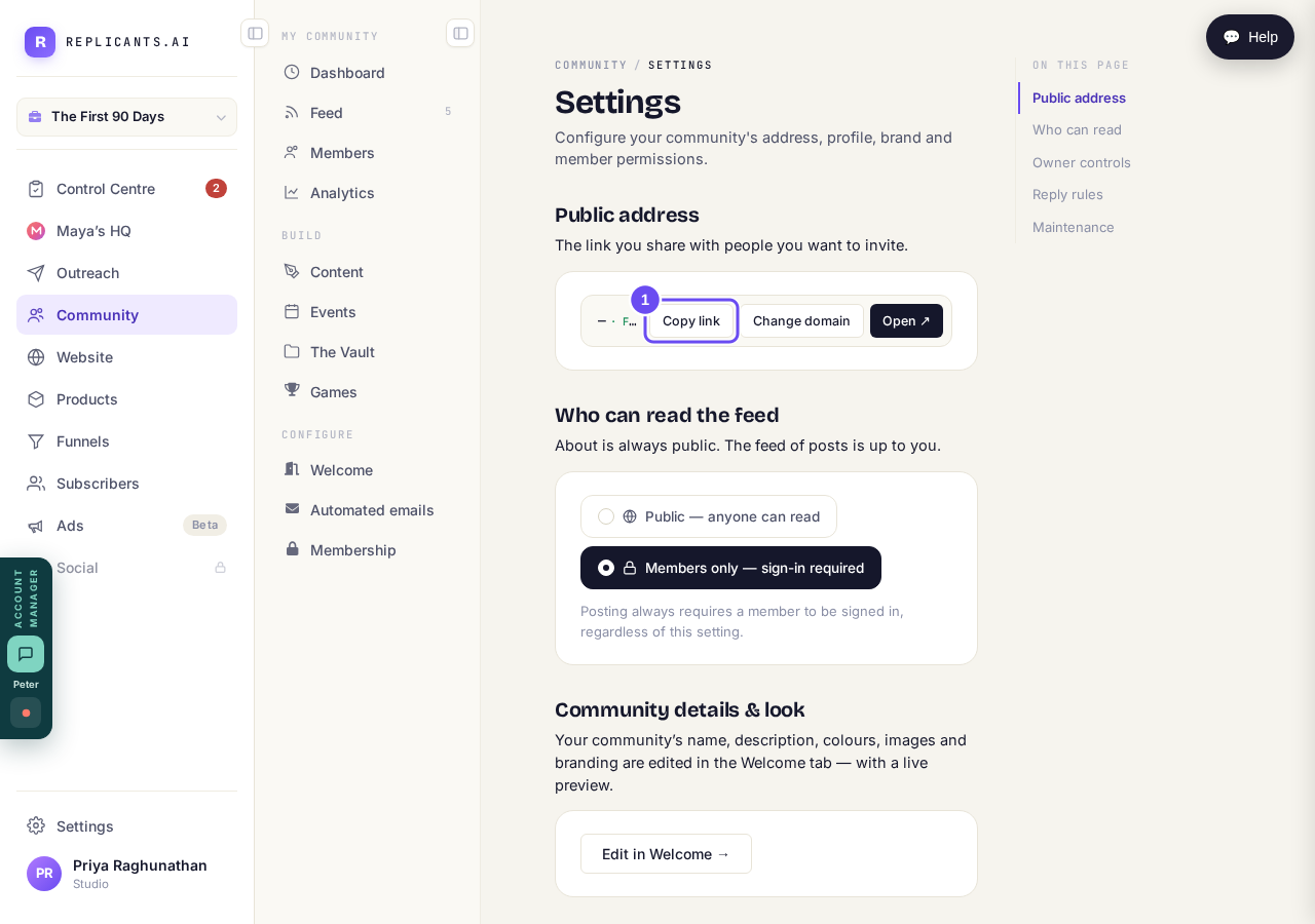 Community, then Settings. Copy link puts it on your clipboard.