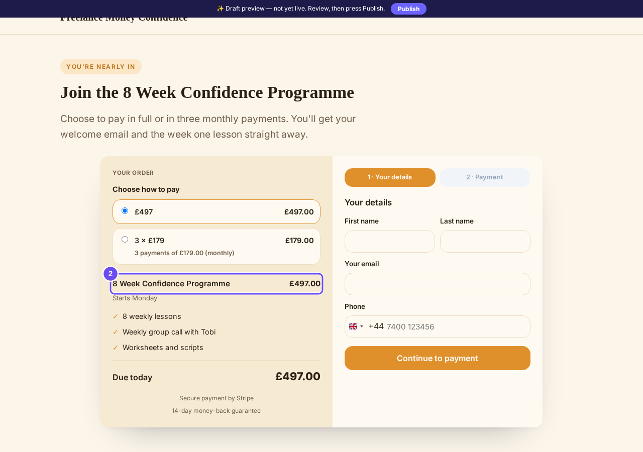 The order page, showing the product and its price.