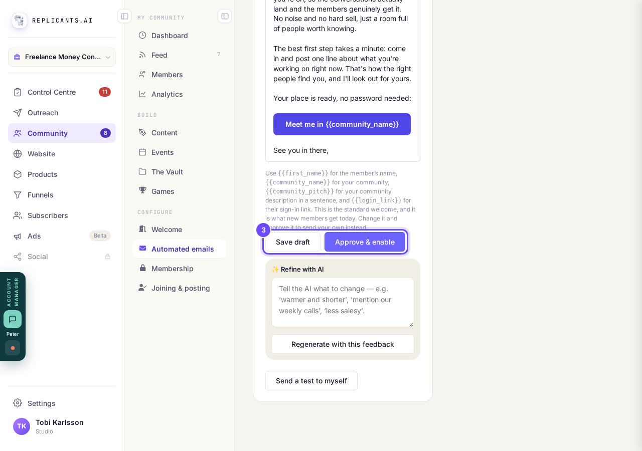 Save draft keeps it; Approve & enable sends your version.