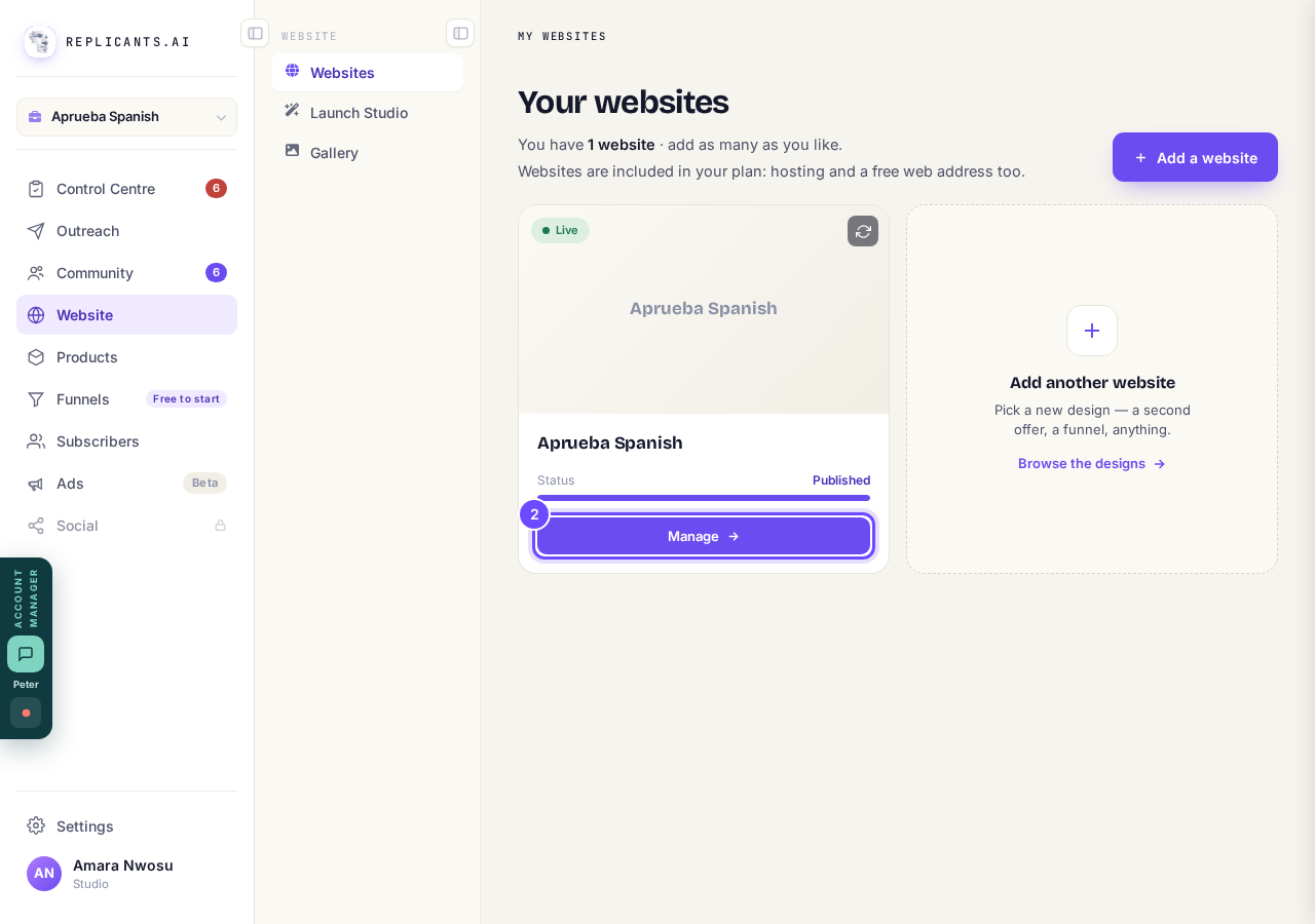 Manage, on your site's card.