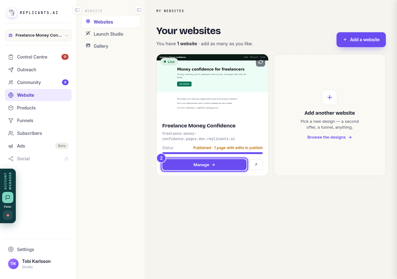 Press **Manage** on your website.