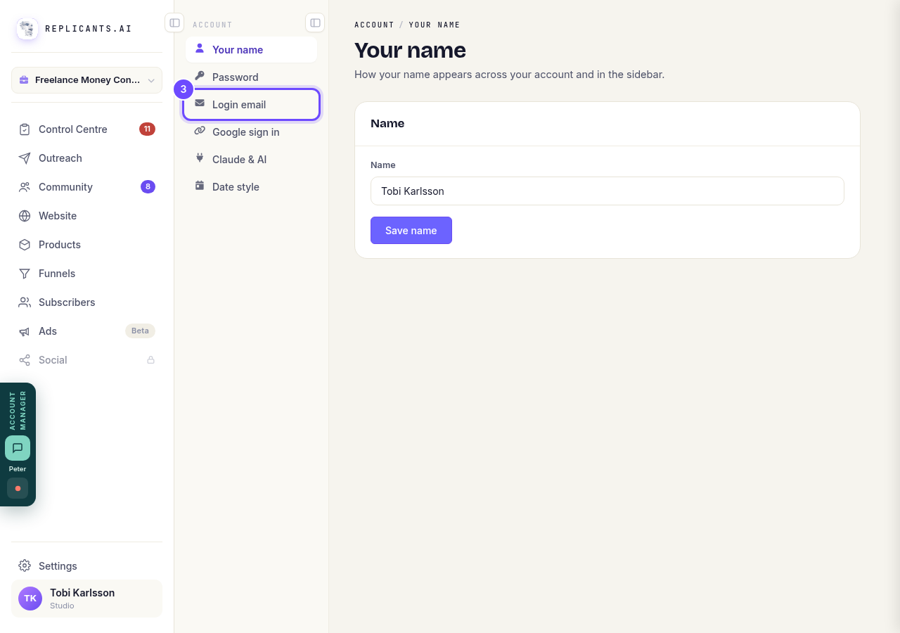 Login email, in the Account menu.