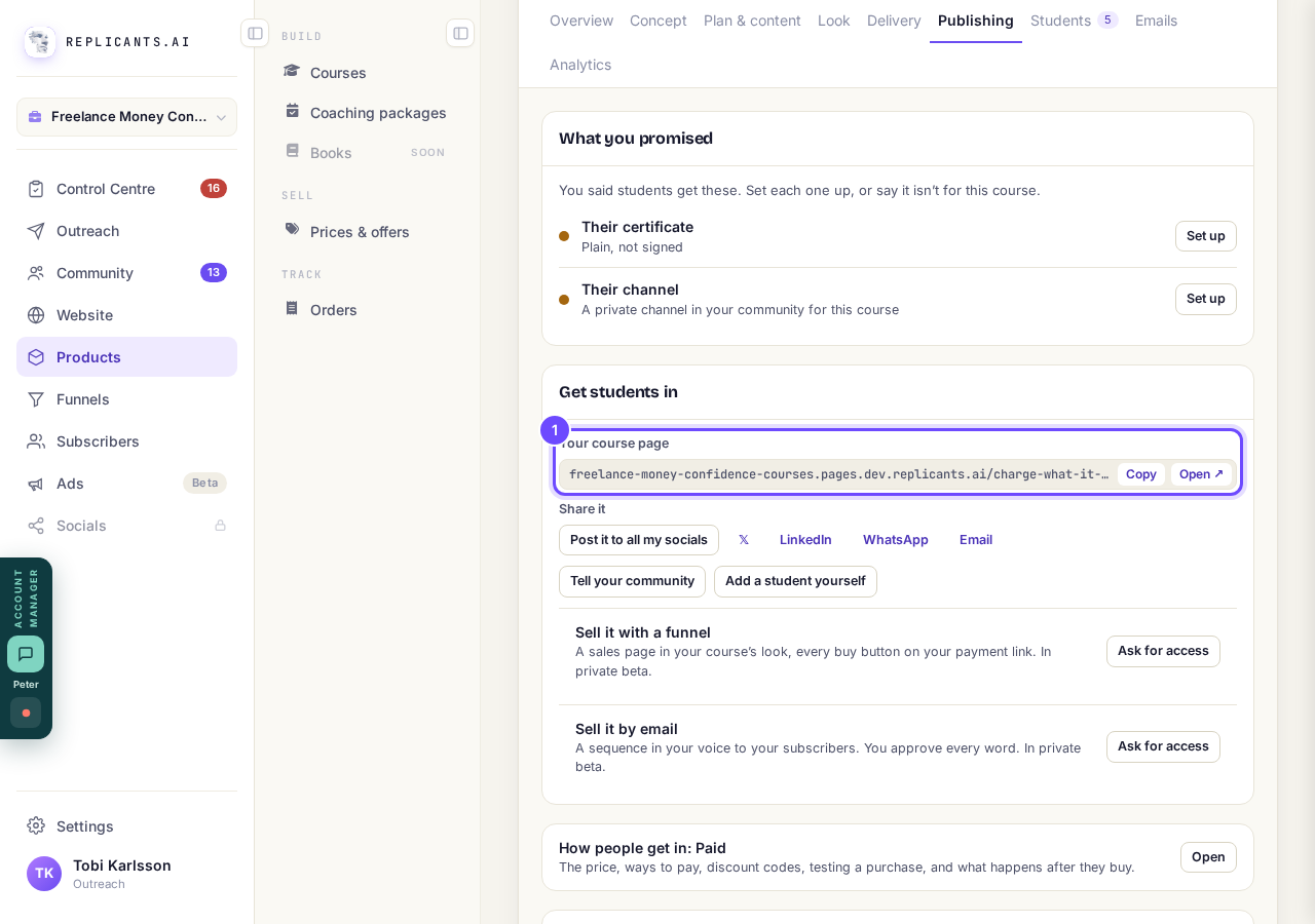 Your course page, with Copy and Open.