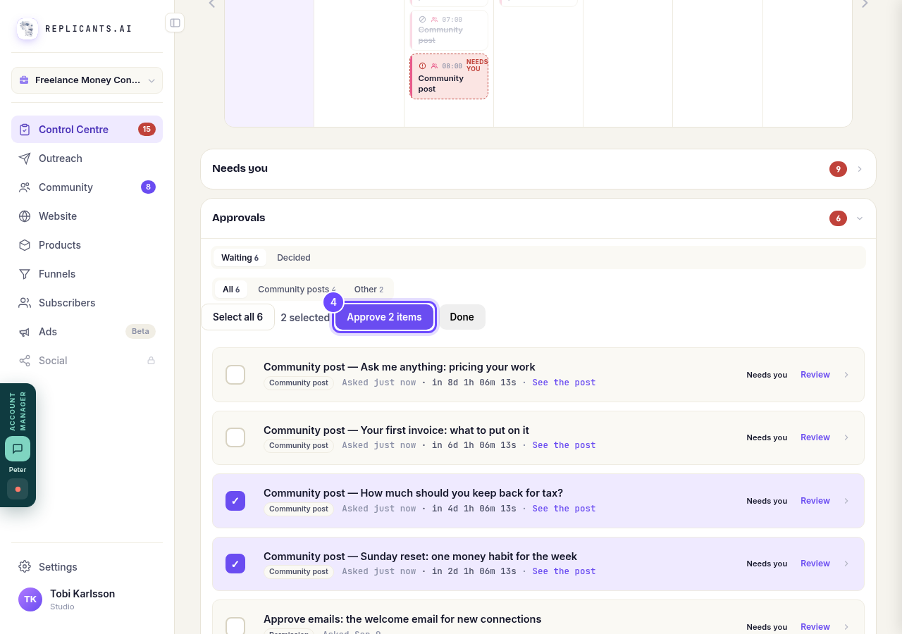 Approve 2 items, beside how many are selected.