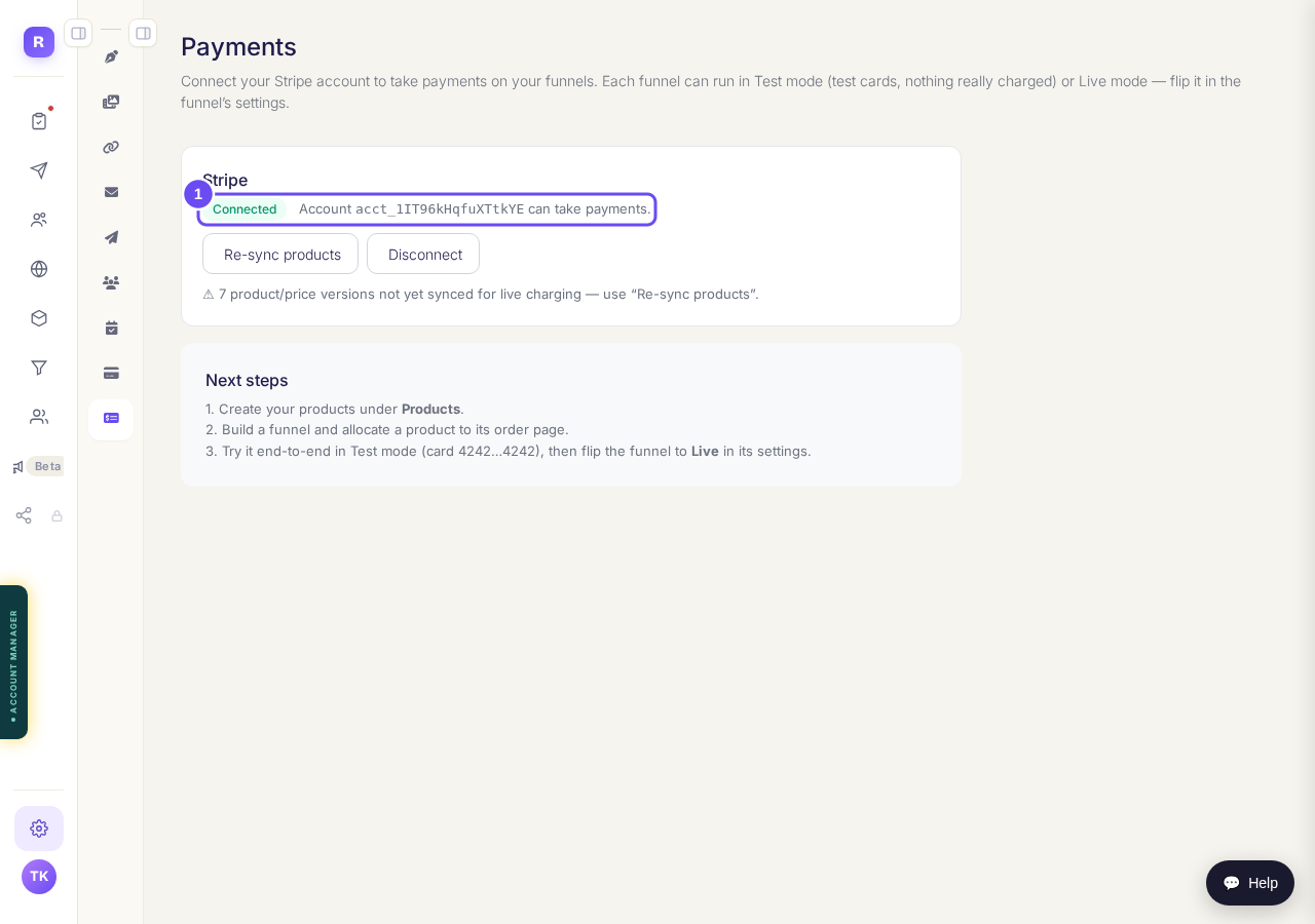 Payments, with Stripe connected.