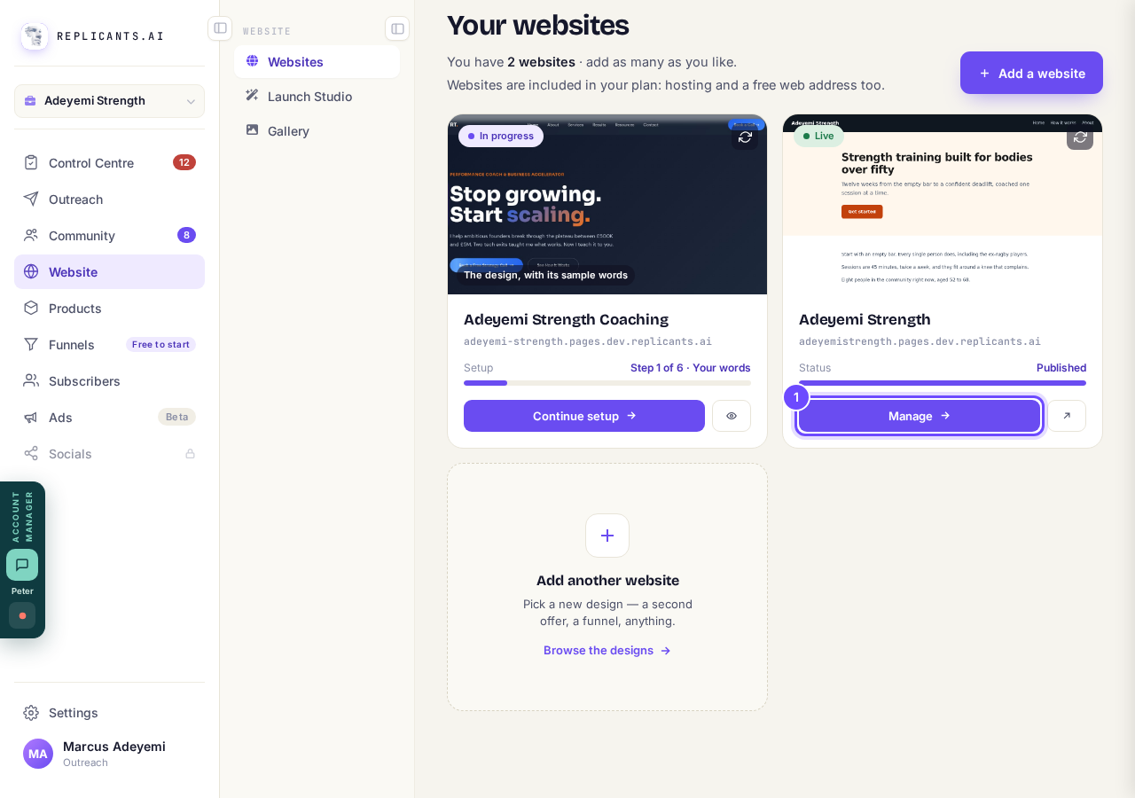 Manage, on your live site's card.