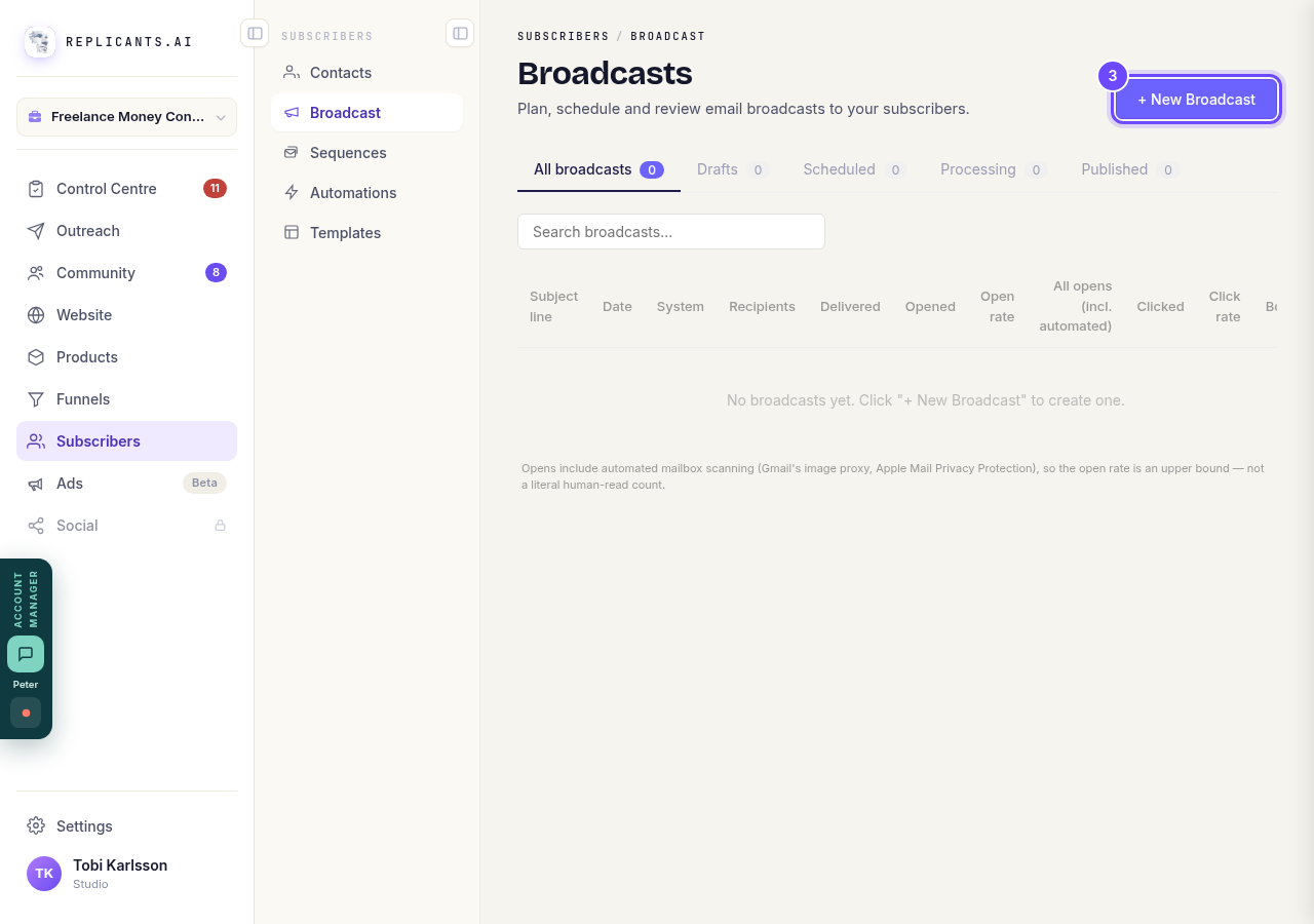 Press **+ New Broadcast**.