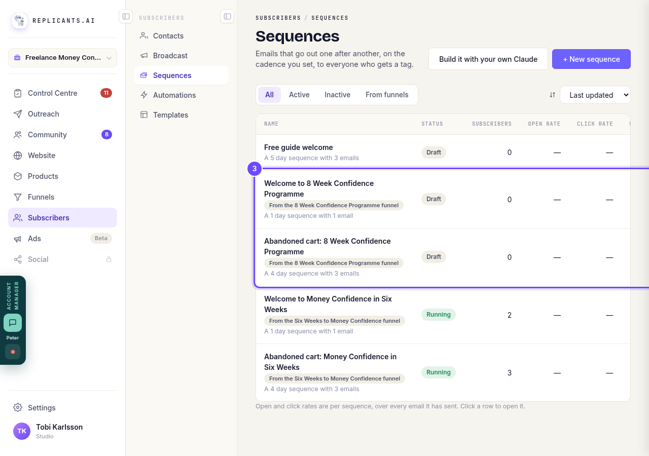 The funnel's emails, drafted and waiting in Sequences.