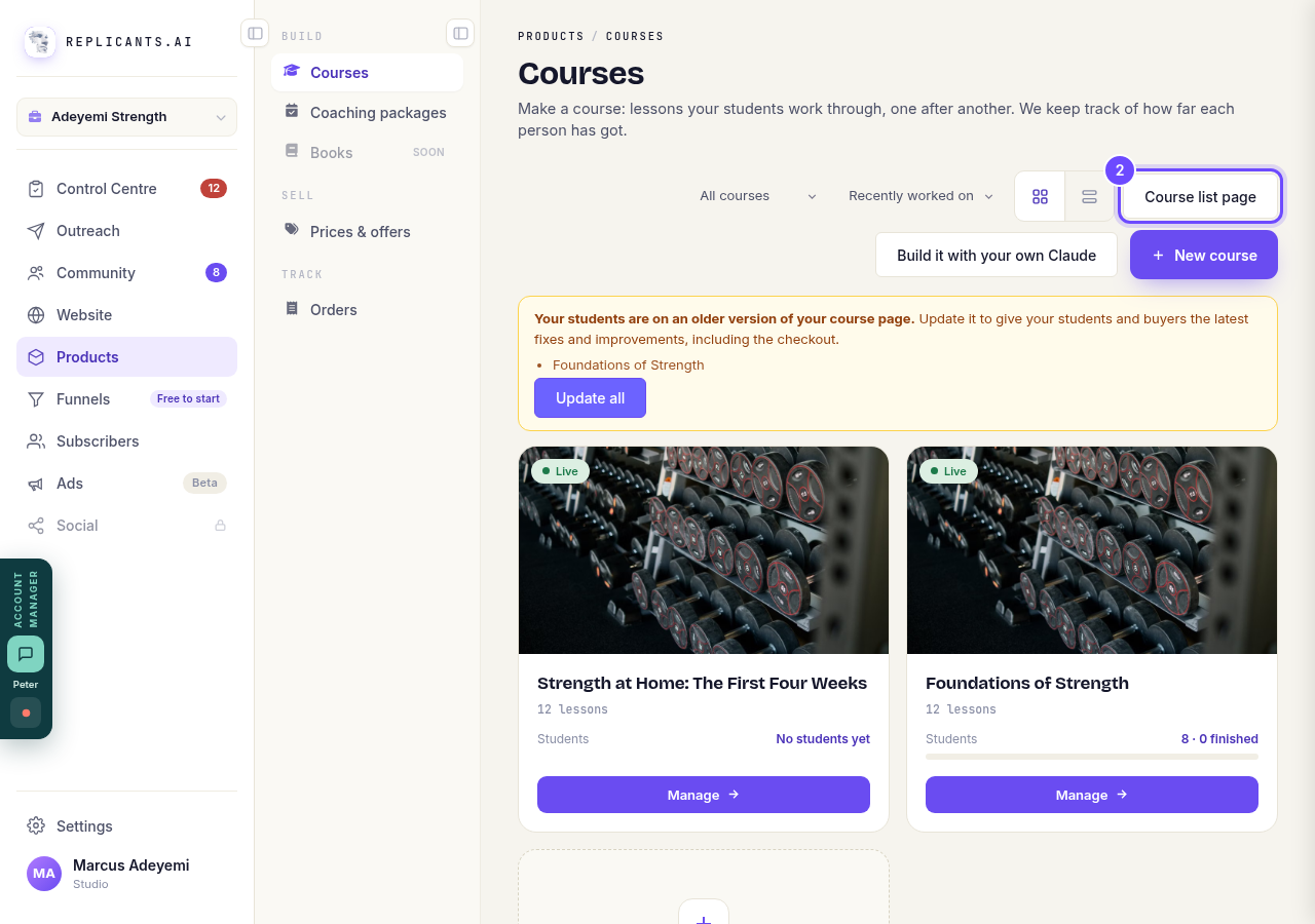Course list page, along the top of your courses.