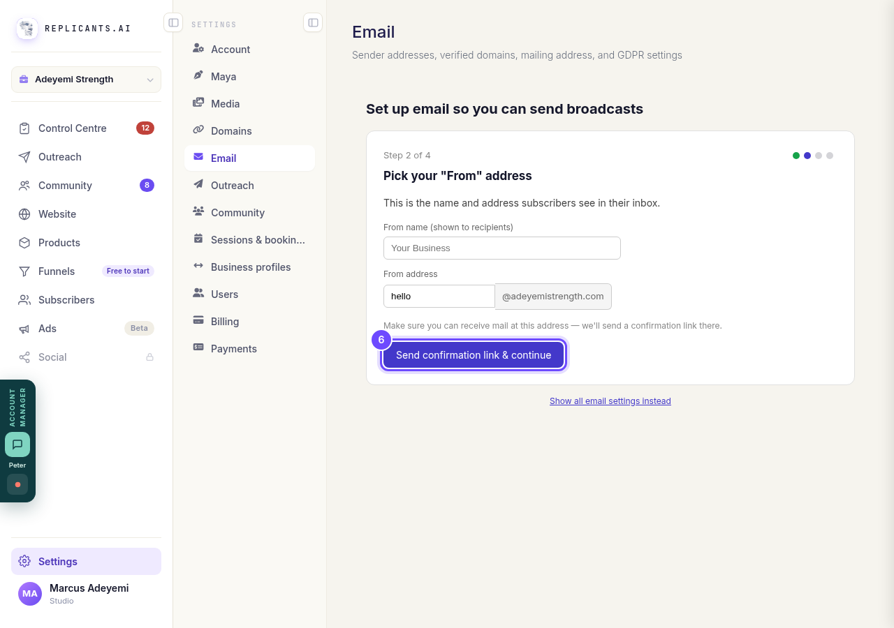 Pick your From address, then Send confirmation link & continue.