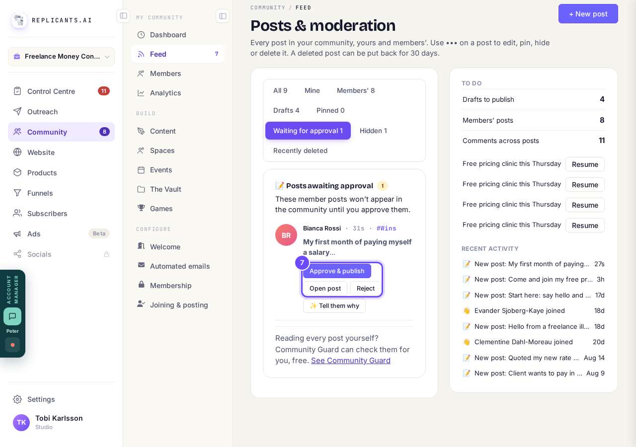 Approve & publish, Open post and Reject.