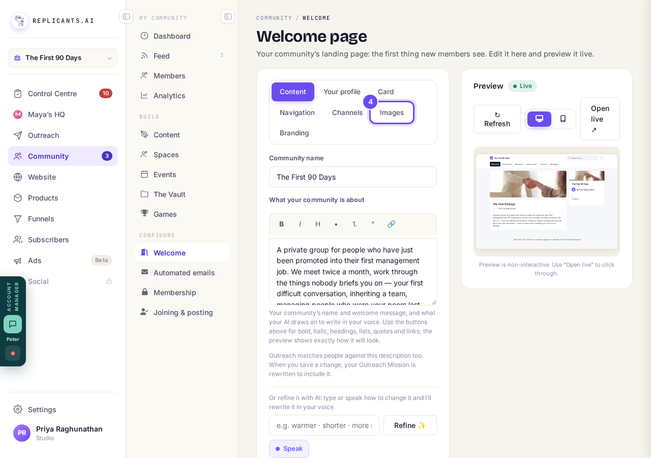 Images, at the top of the Welcome page.