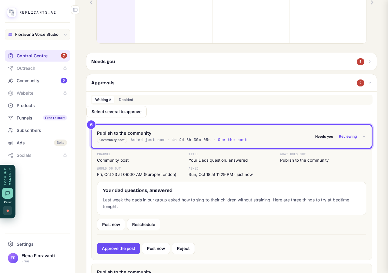 The planned post in Approvals, with your new words.
