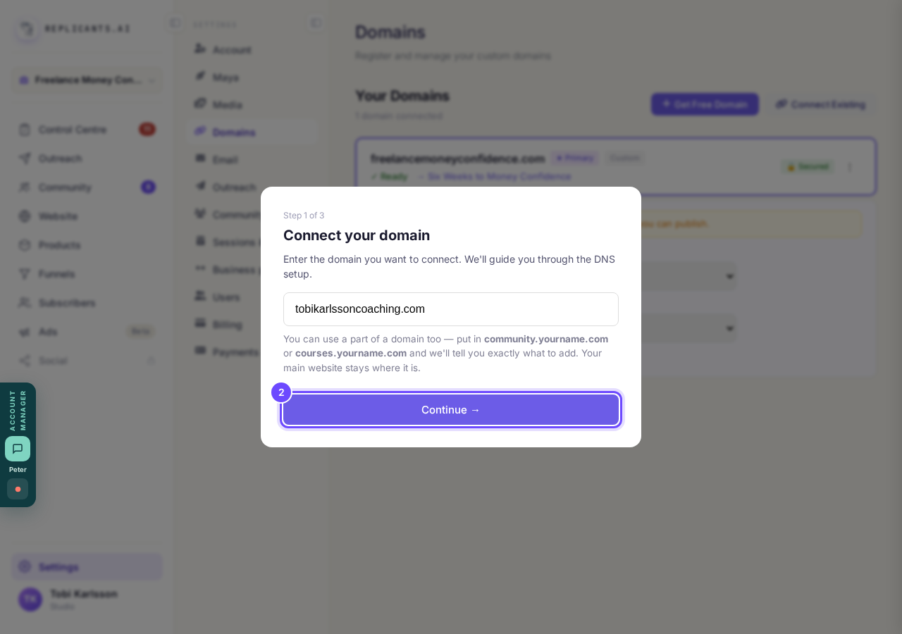 Step 1 of 3: the domain you are connecting.