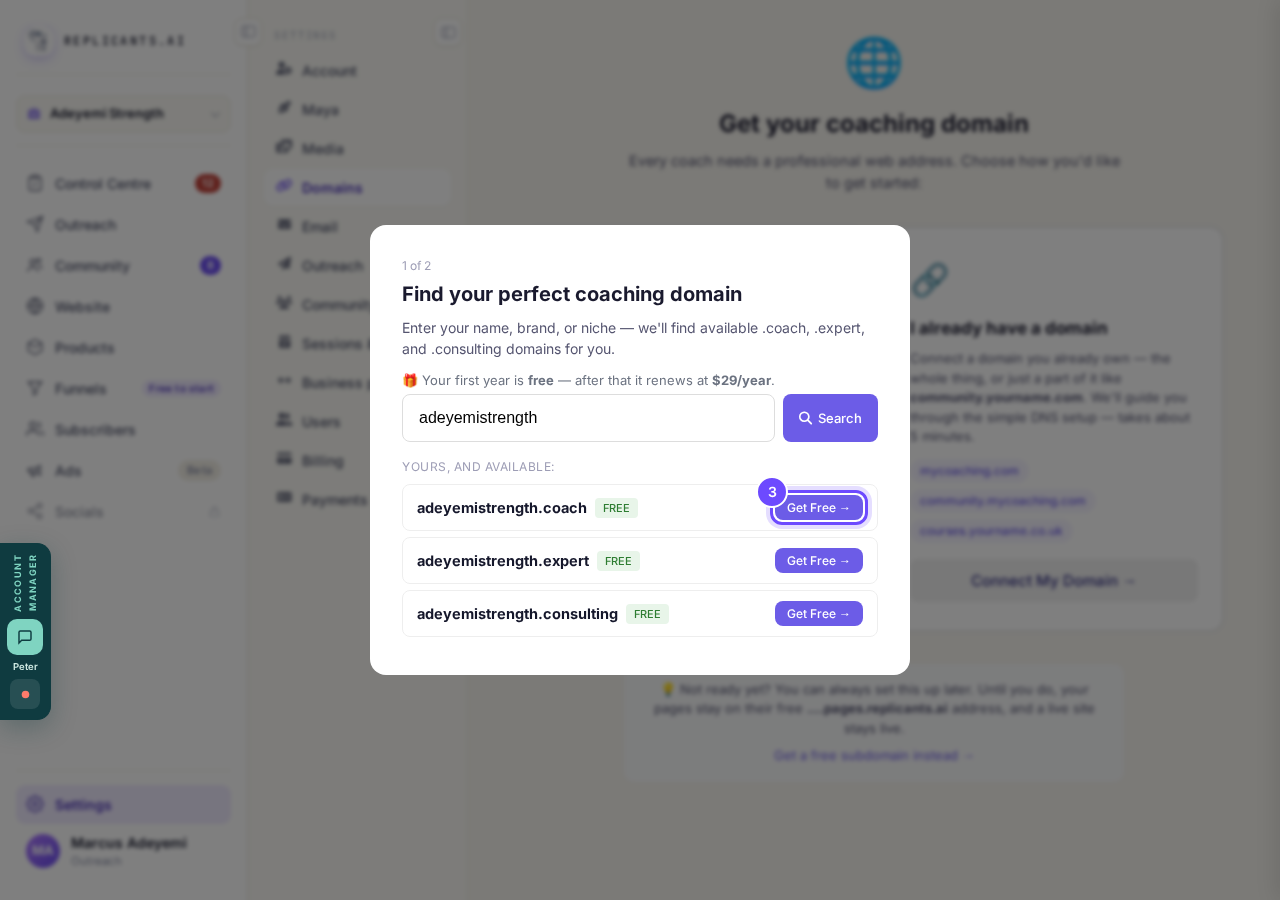 Three free addresses, each with Get Free.