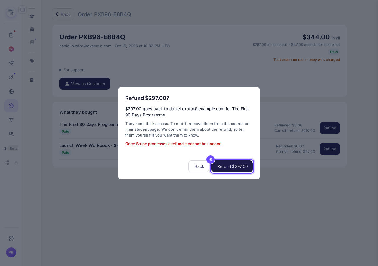The check before the refund, with the amount on the button.
