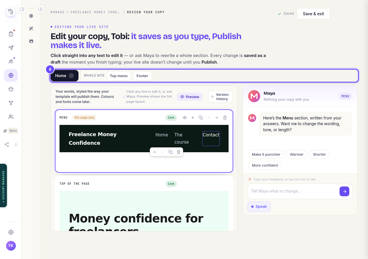 Press **Top menu** or **Footer**.