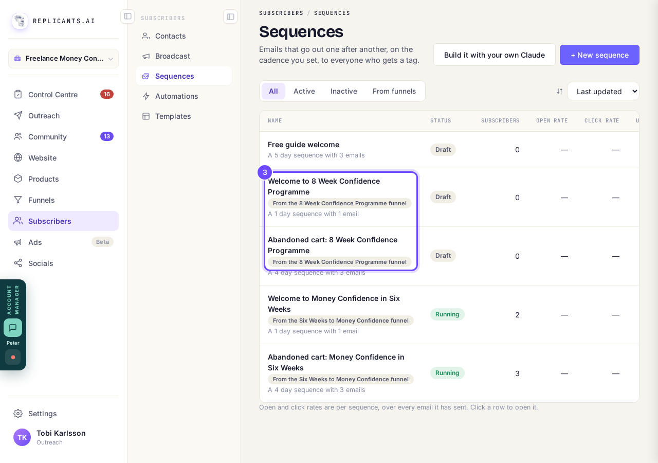 The funnel's emails, drafted and waiting in Sequences.
