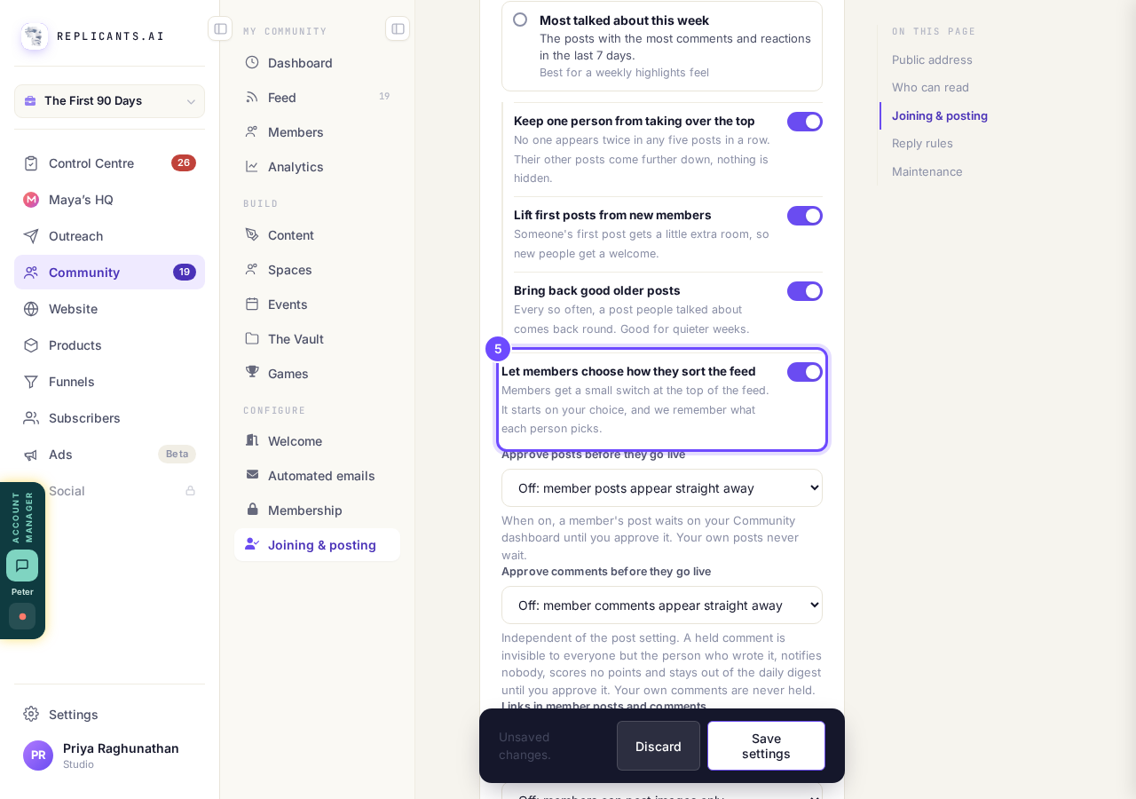Let members choose how they sort the feed, switched on.