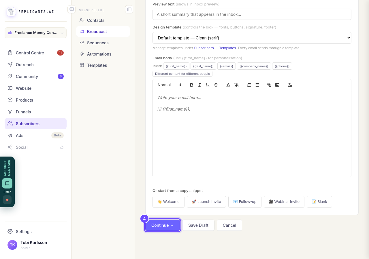 Press **Continue** on each screen until you reach **Schedule**.